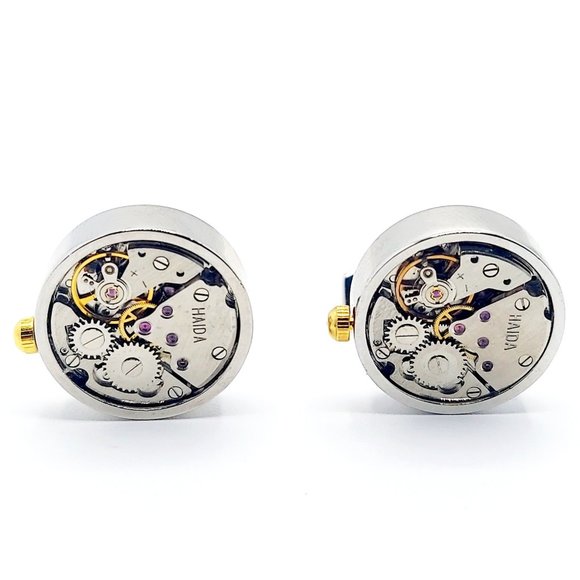 Functional Men's Brushed Steel Gold & Silver Watch Movement Cufflinks Links Time - Picture 5 of 7